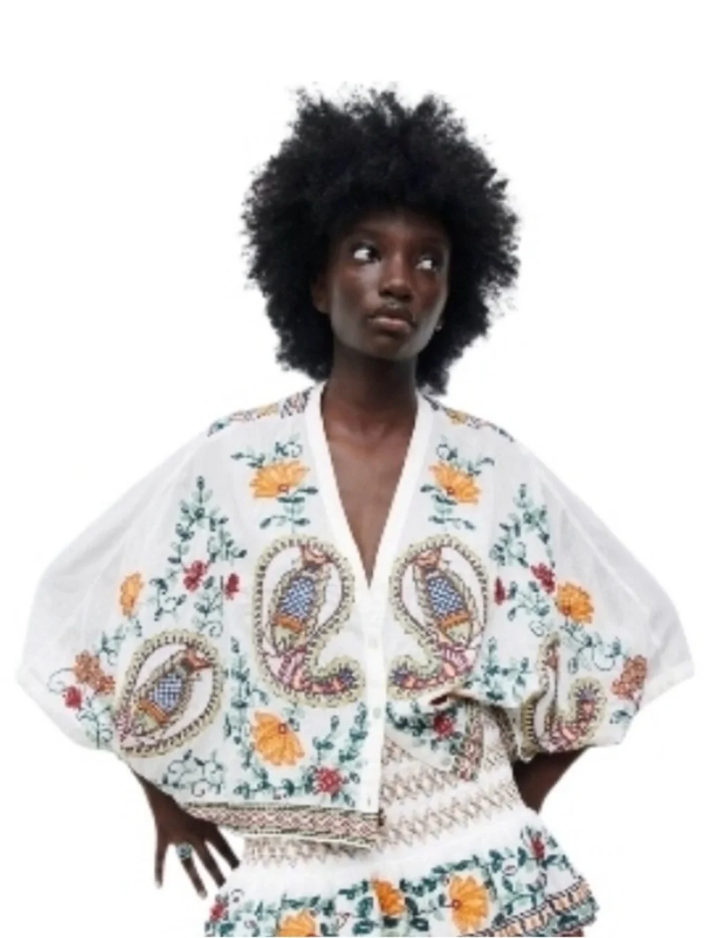 Zara Women's Embroidered Floral Kimono Crop Top Size XL White Boho Cottage - Picture 5 of 11